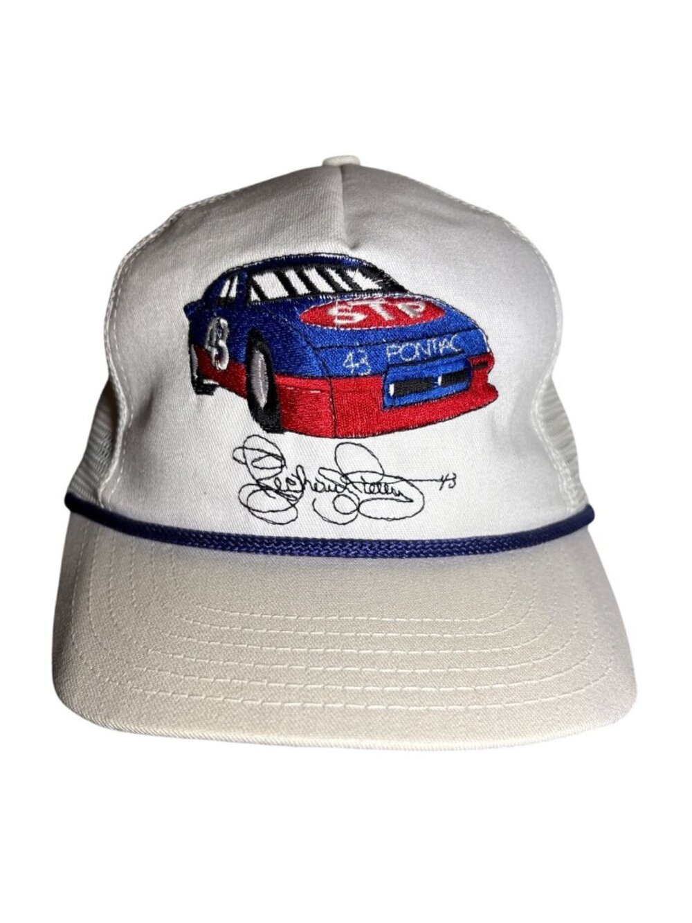Richard Petty STP Pontiac #43 Hat White Mesh Trucker Cap Signed Embroidered Vtg